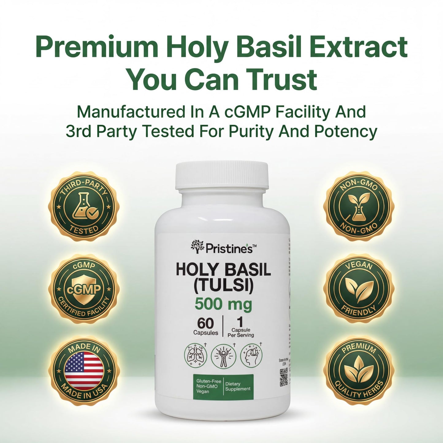 PRISTINE'S Holy Basil 500 mg Capsules - 60 Count