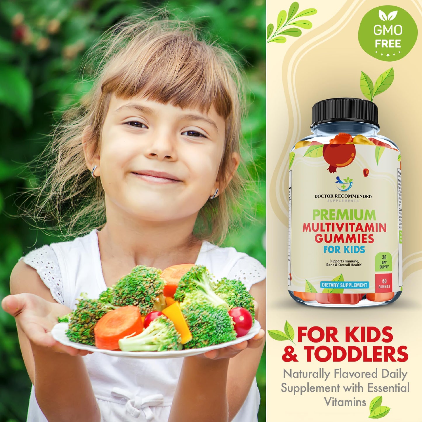 DOCTOR RECOMMENDED SUPPLEMENTS Premium Multivitamin Gummies for Toddlers & Kids - Essential Daily Vitamins A, C, D3, E, B6, B12, Biotin, 60 Gummies