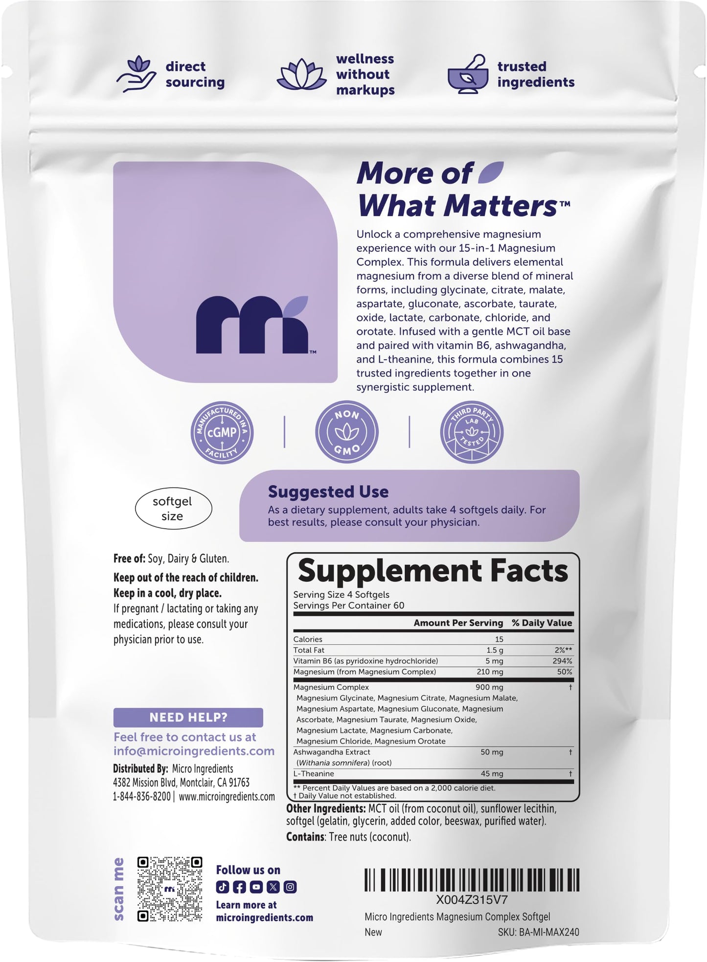 Micro Ingredients Magnesium Complex 15-in-1 for Men 1000 mg Per Serving Softgel 240