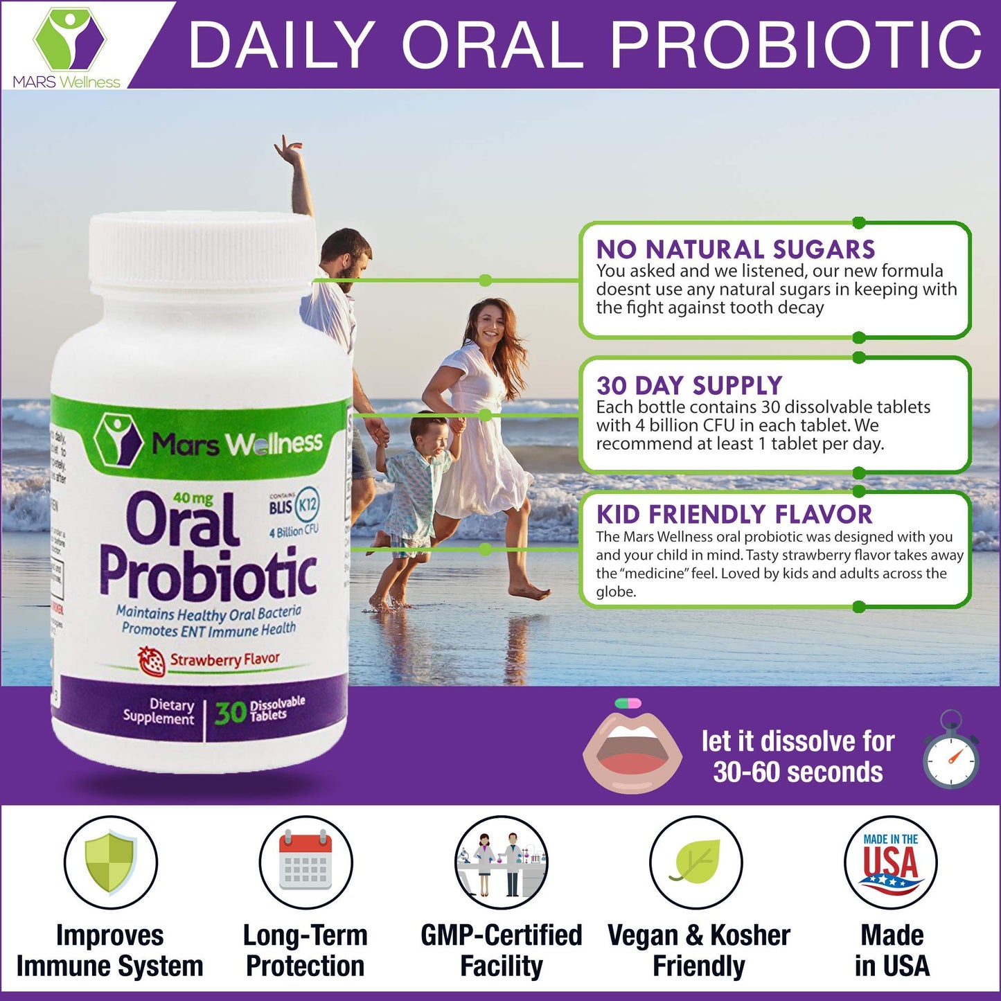 MARS WELLNESS Oral Probiotic with BLIS K12 4 Billion CFU - Dairy Free, 720 Tablets