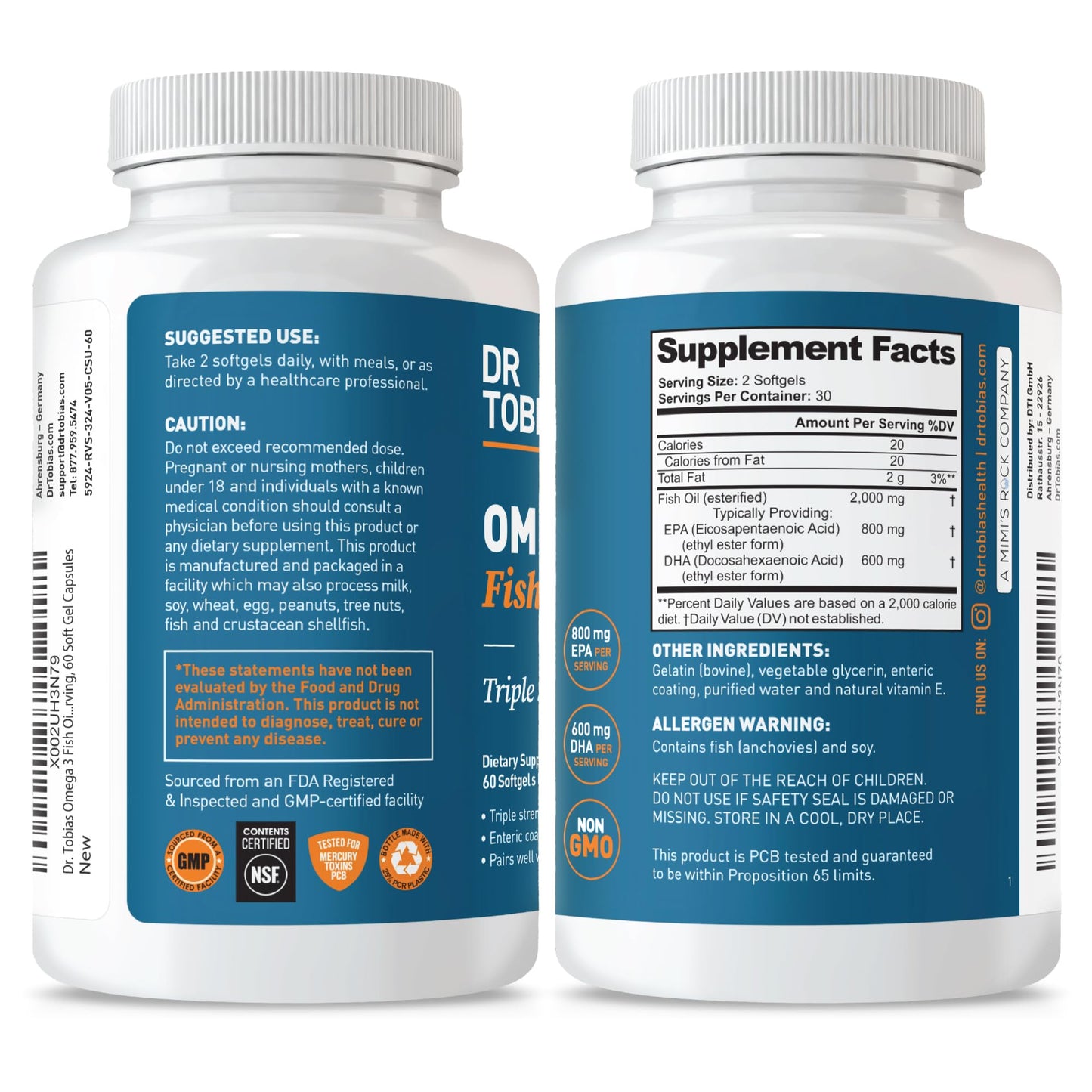Dr. Tobias Omega 3 Fish Oil 2000mg Triple Strength with 800mg EPA 600mg DHA Per Serving Softgels 60 Count