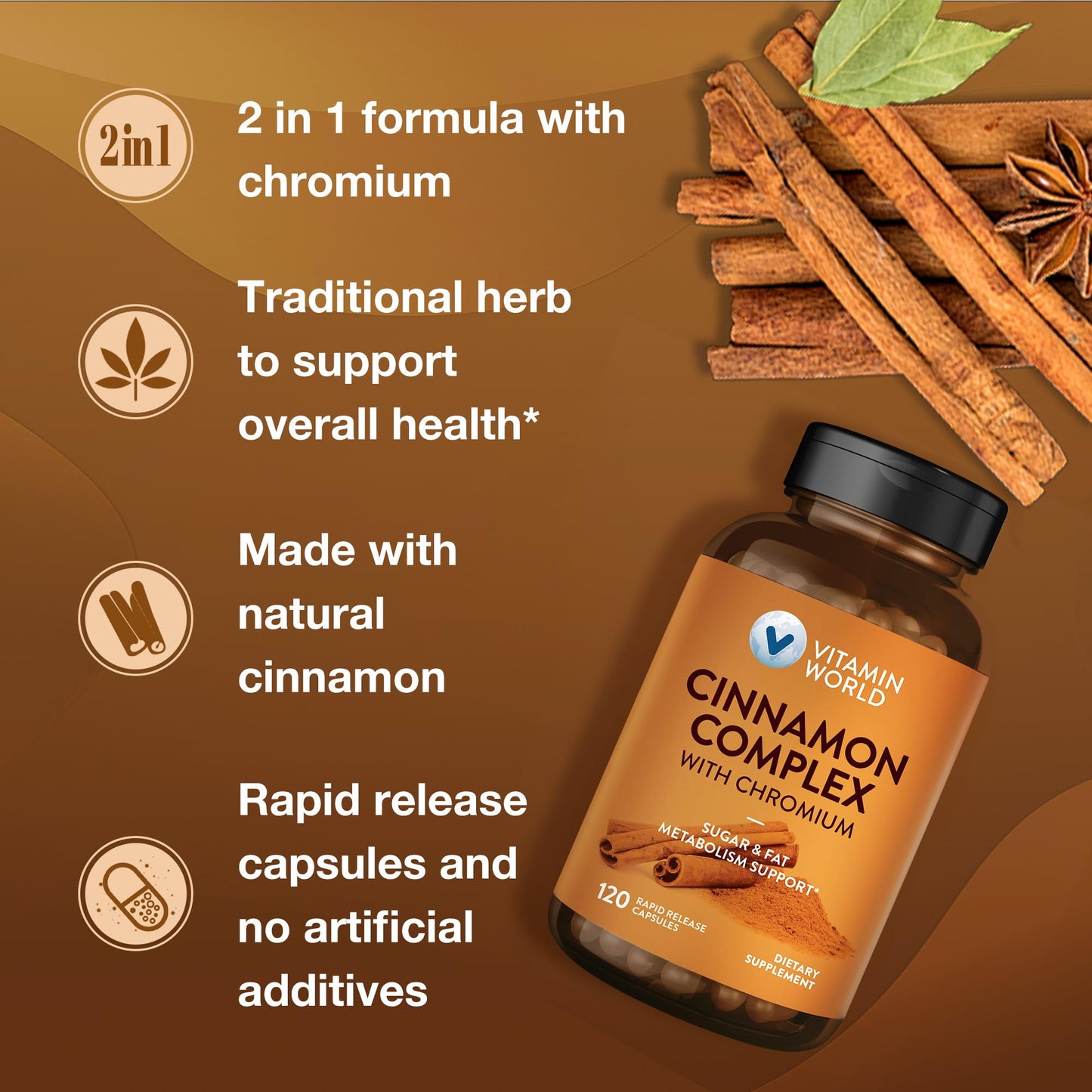 Vitamin World Cinnamon Complex with Chromium Capsules 120 Count