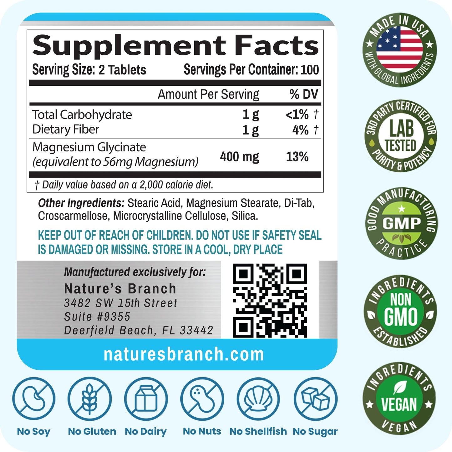 NATURE'S BRANCH Magnesium Glycinate 400mg Tablets 200 Count