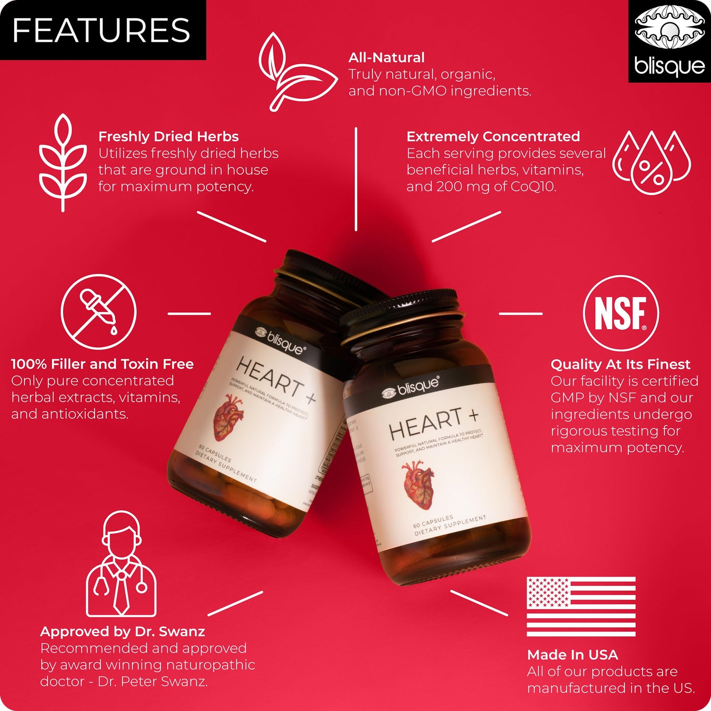 Blisque Natural Blood Pressure Support Supplement for Heart Health and Circulation Capsules, 90 Count