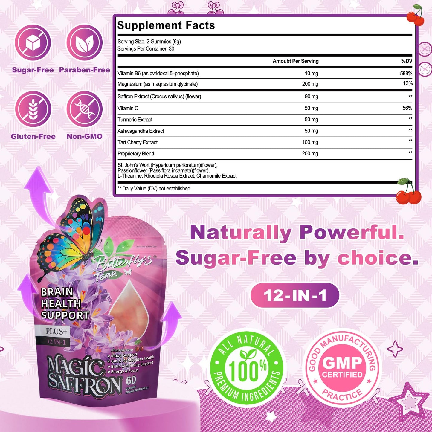 BUTTERFLY'S TEAR Saffron Gummies for Kids & Adults, 12-in-1 Saffron Supplements with 90mg Saffron Extract, Mixed Berry Flavor, Sugar Free, Vegan, Non-GMO, 60 Gummies