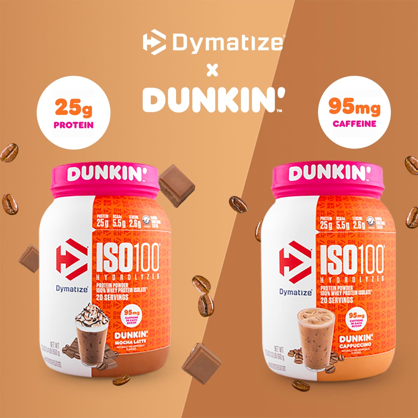 Dymatize x Dunkin' Cappuccino ISO100 Whey Protein Powder, 95mg Caffeine, 25g of Protein5.5g BCAAs, 120 Cal., Gluten Free, 1g Fat, 1g Sugar, 2g Carb (20 Servings)