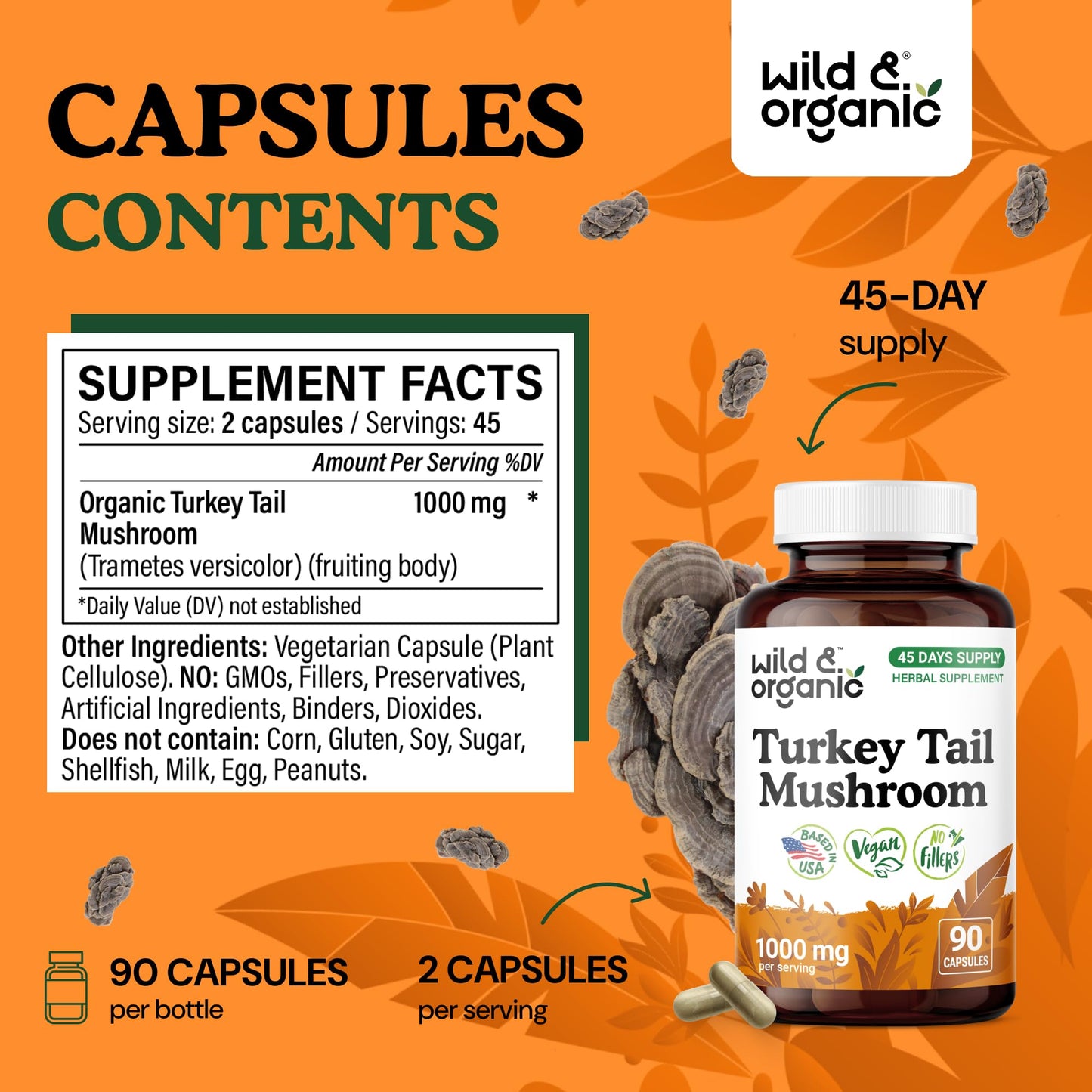 Wild & Organic Turkey Tail Mushroom Capsules 1000 mg, 90 Count