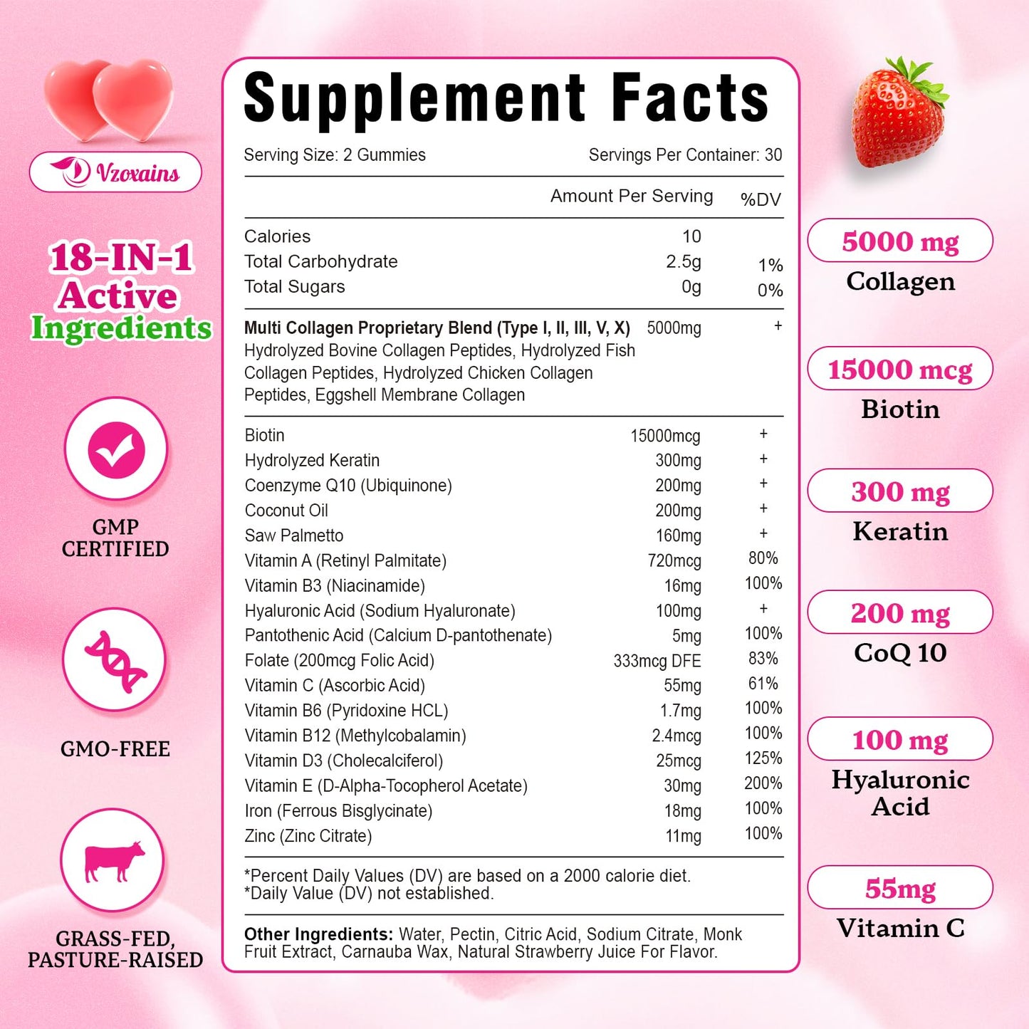 VZOXAINS Multi Collagen Peptides Gummies, Type I, II, III, V, X Collagen Protein with Biotin, Hyaluronic Acid, Vitamin C for Healthy Skin Support, Strawberry Flavored, Sugar Free, 60 Gummies