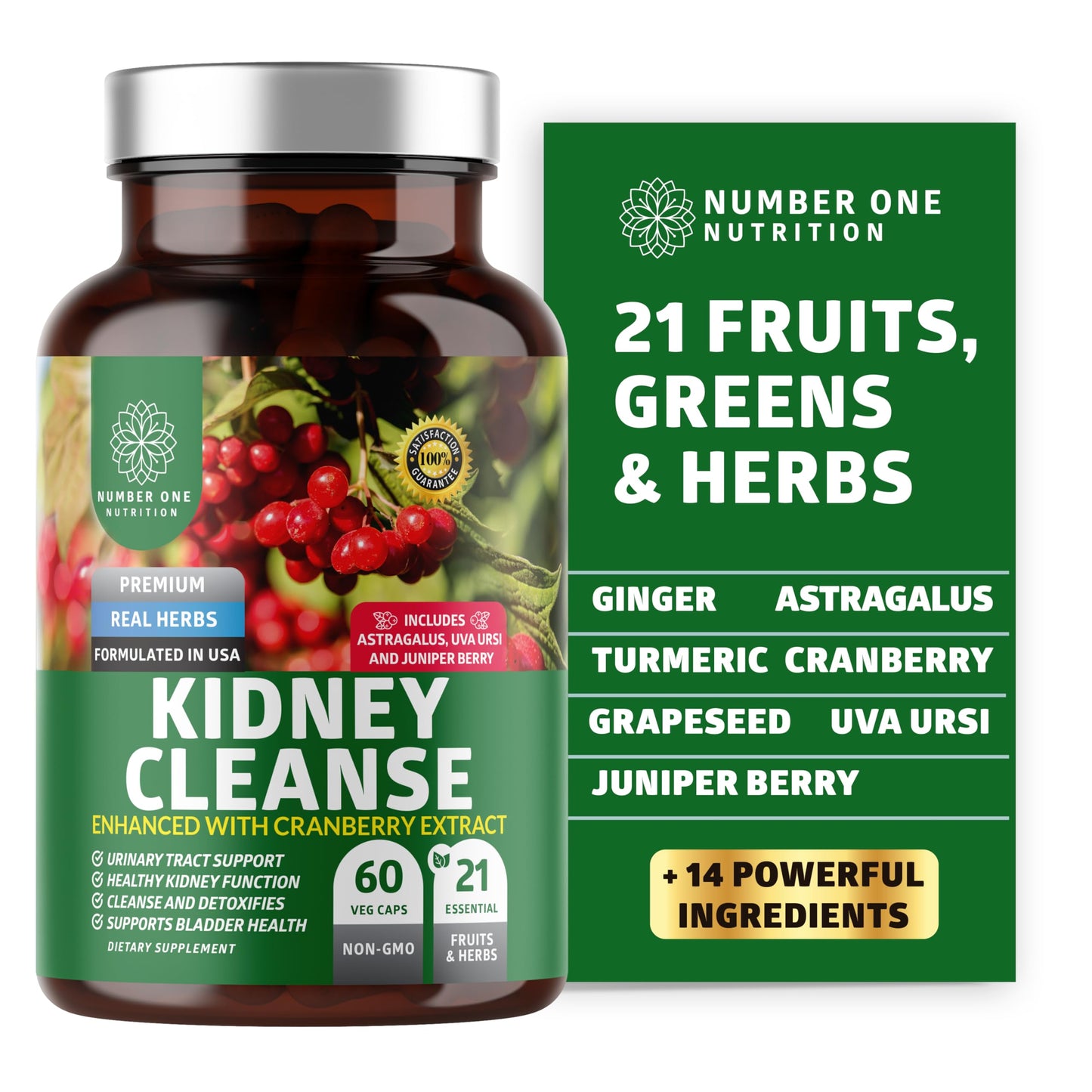 Number One Nutrition Kidney Support 21 Herbs with Cranberry Astragalus Uva Ursi, 60 Capsules