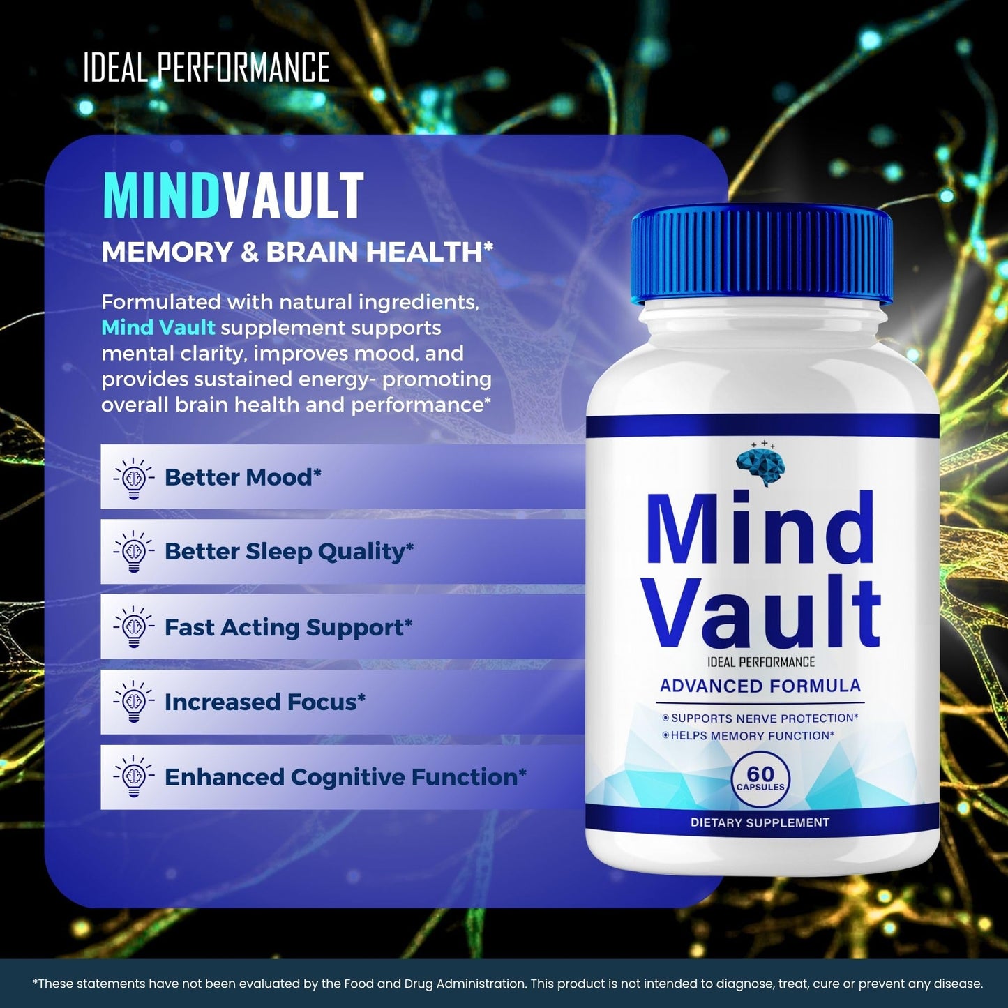 IDEAL PERFORMANCE Mind Vault Brain & Memory Supplement Capsules, 60 Capsules