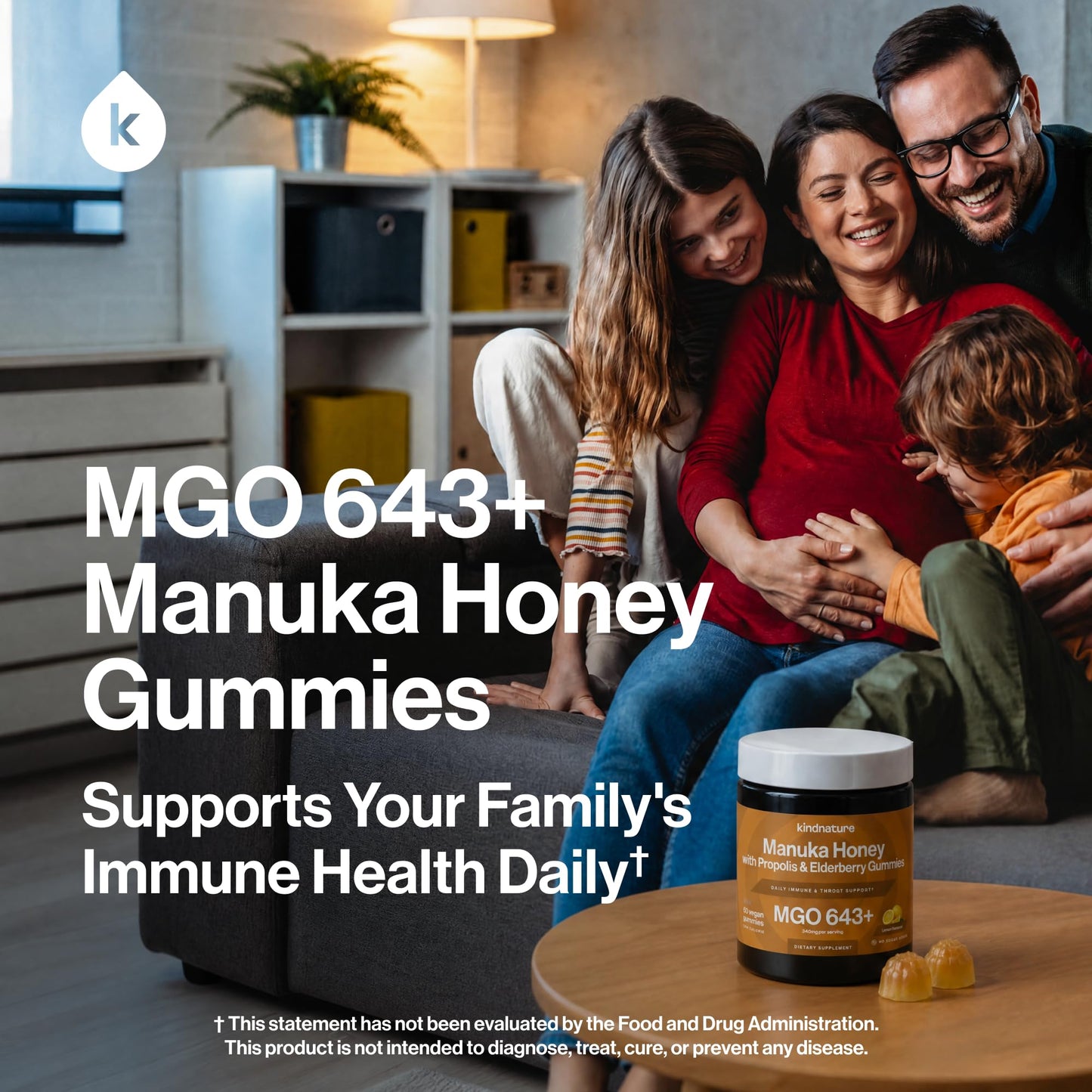 Kindnature Manuka Honey Medical Grade Gummies MGO 643+ with Zinc, Vitamin C, Elderberry - Throat Comfort & Immune Support - 60 Gummies