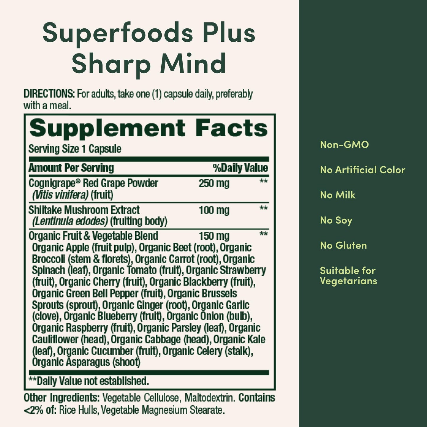 Nature's Bounty Superfoods Plus Sharp Mind for Brain Health, Memory; Focus, Superfoods With 23 Fruits & Veggies plus Red Grapes - Cognitive Supplement, 30 Capsules