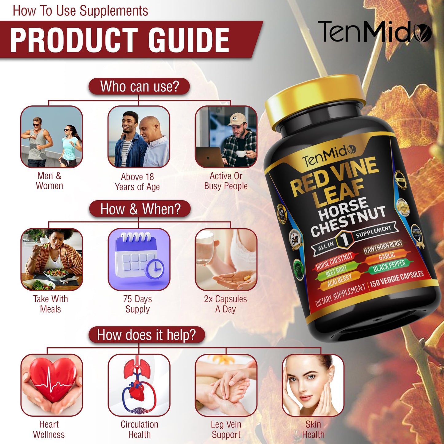 Tenmido Red Vine Leaf Extract Supplement 7-in-1 Formula Capsules, 150 Capsules
