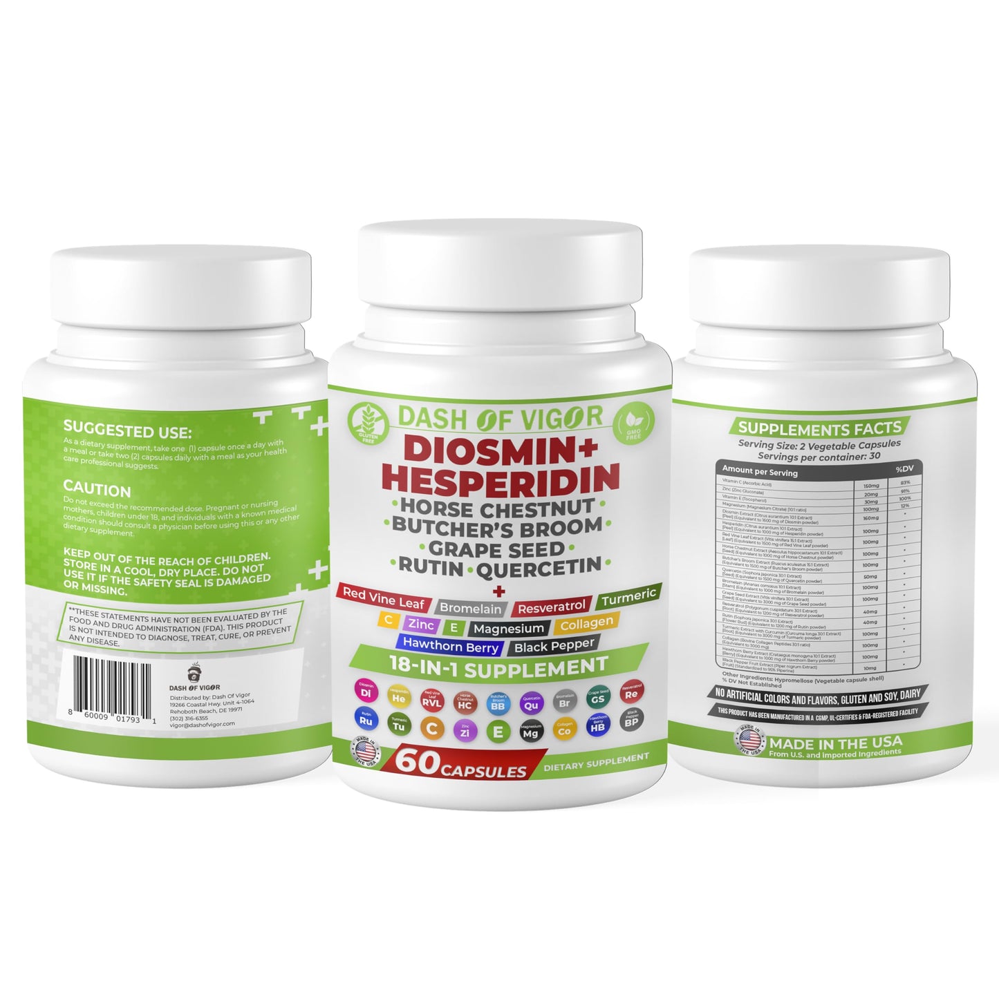 DASH OF VIGOR DOFV 18-in-1 Diosmin Hesperidin Supplement, Quercetin with Bromelain, Zinc, Vitamin C with Rutin Supplement, Horse Chestnut Extract, Butcher's Broom Extract, 60 Capsules