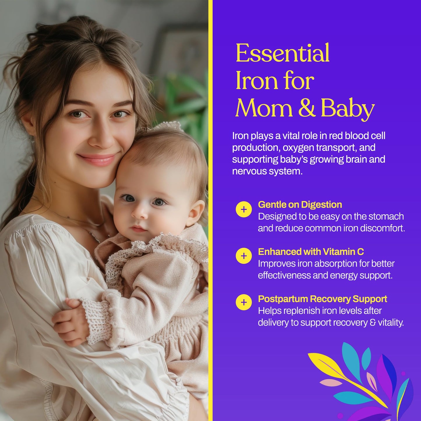 Mama's Select Prenatal Iron Plus – 18mg Gentle Non-Constipating Iron with Vitamin C – Ferrous Bisglycinate for Pregnancy & Postpartum – Supports Baby’s Neural Development – Non-GMO, 30 Capsules