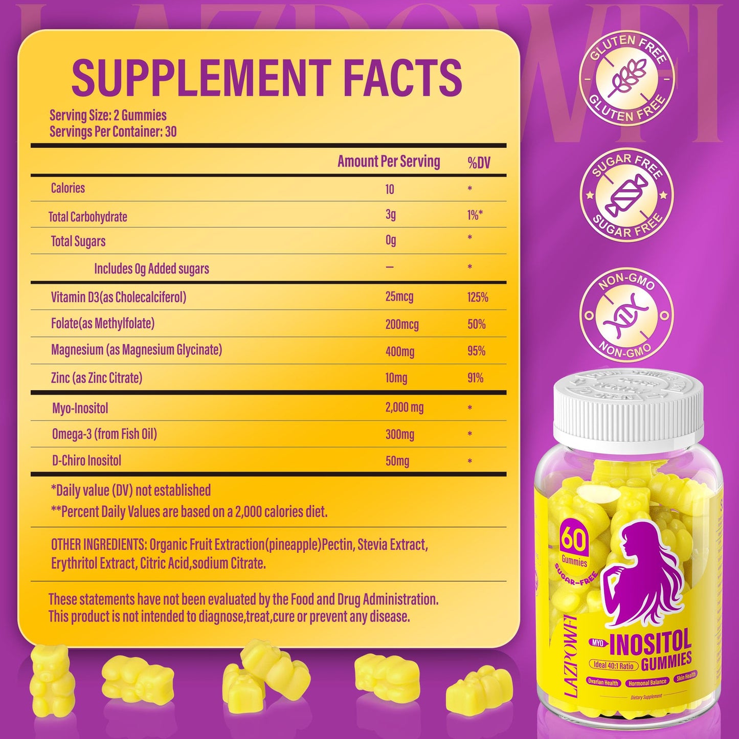 Lazpowfi Inositol Gummies - Myo-Inositol & D-Chiro Inositol, 40:1 Ratio, with Vitamin D3, Magnesium Glycinate, Omega-3, Folate & Zinc - 60 Gummies