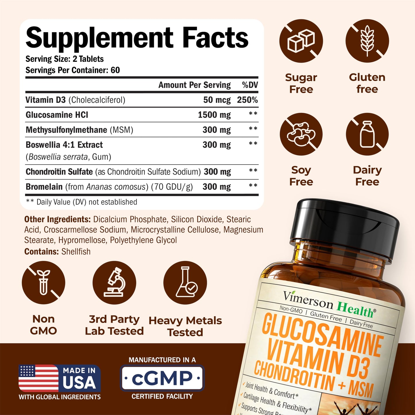 Vimerson Health Vitamin D3 2000IU & Glucosamine Chondroitin Tablets, 120 Count