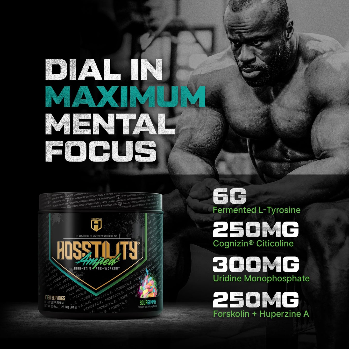 HOSSTILE Hosstility Amped High Stim Pre-Workout Powder, Sour Gummy, 40 Servings