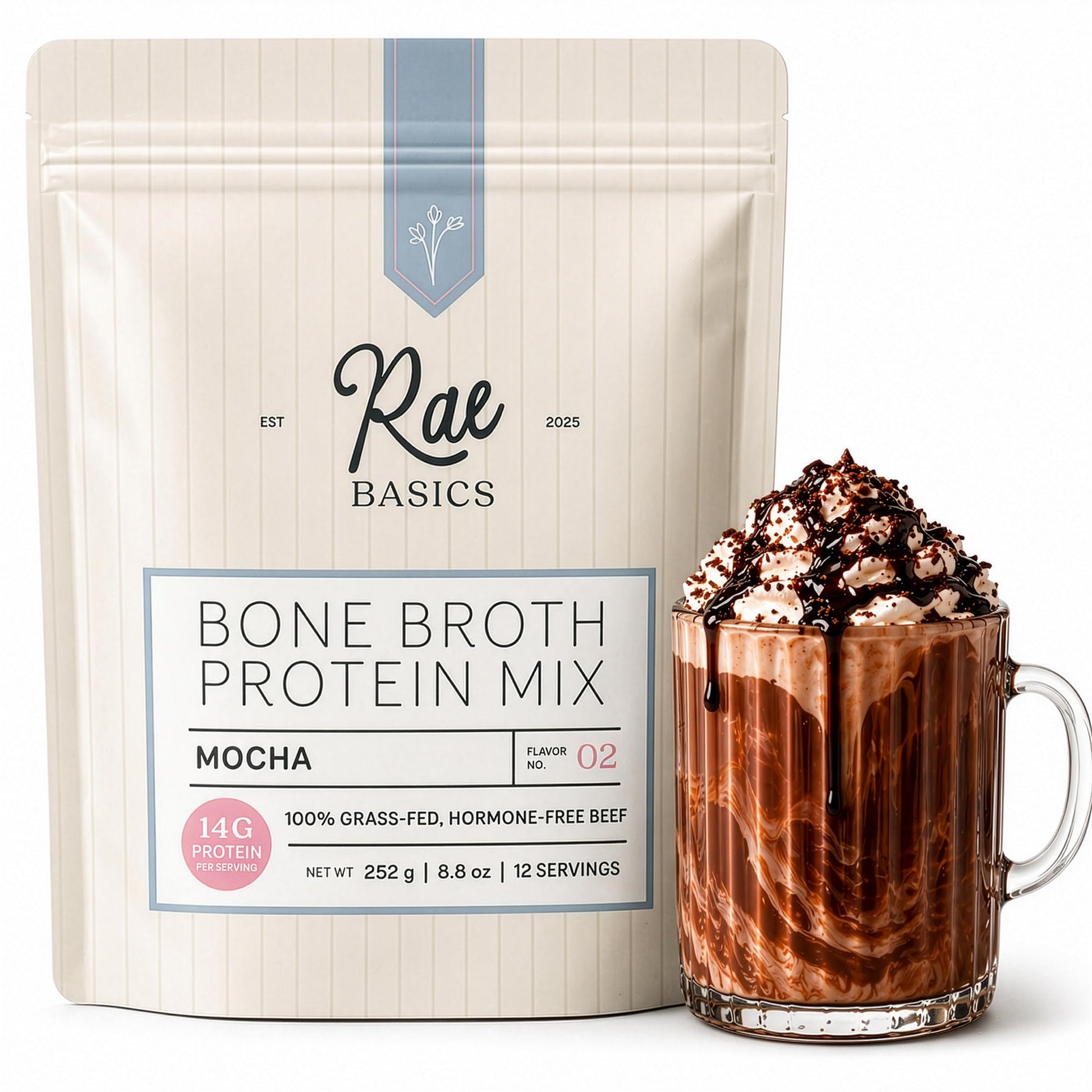 Rae Basics Bone Broth Hot Chocolate Protein Powder Starter, Bold Mocha, 12 Servings