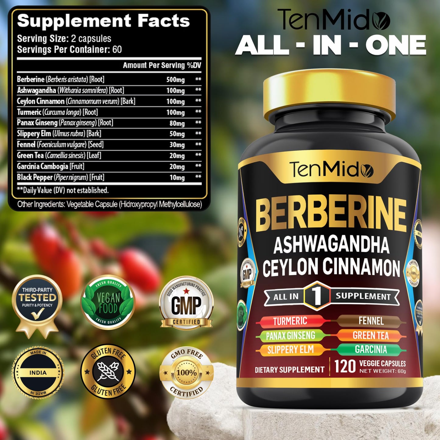 Tenmido Berberine Supplement Capsule, 120 Count