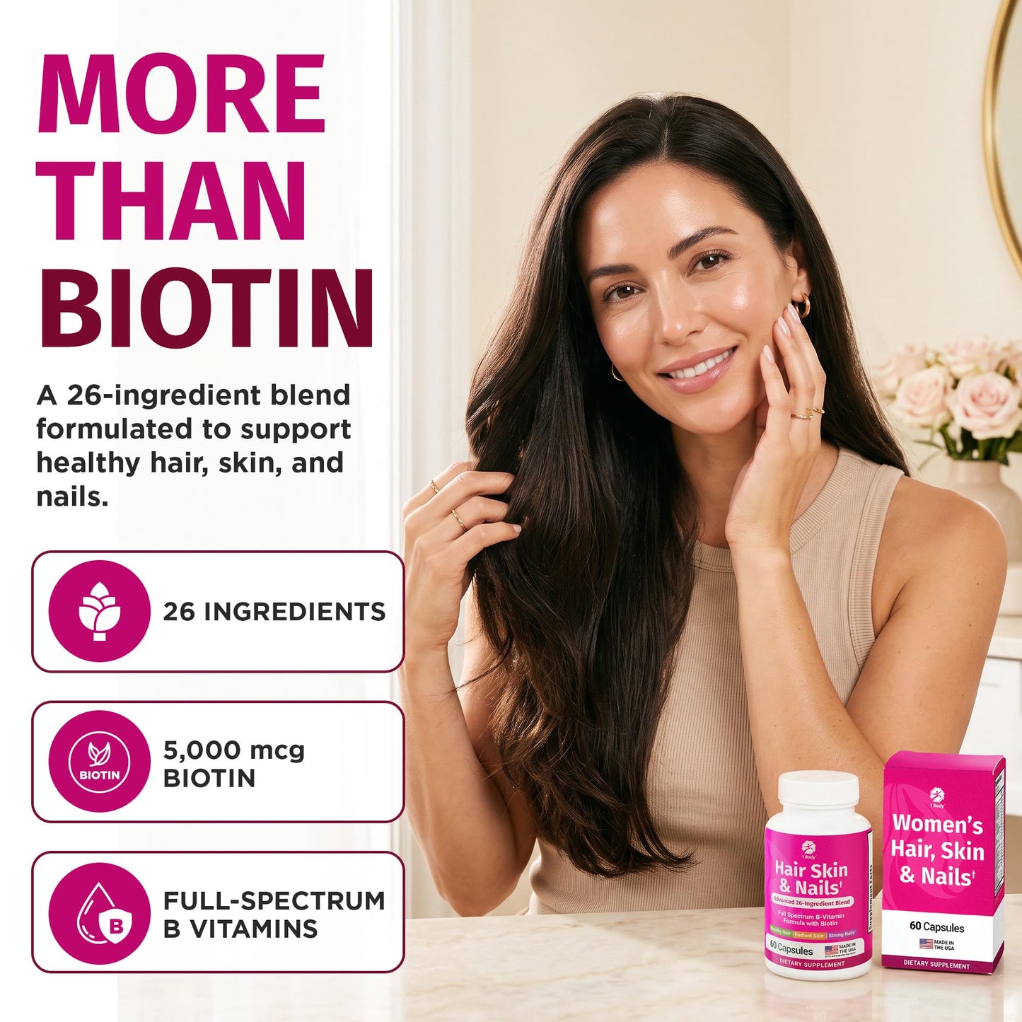 1 Body Hair Skin & Nails with Biotin, Vegan Vitamins Capsules, 180 Count