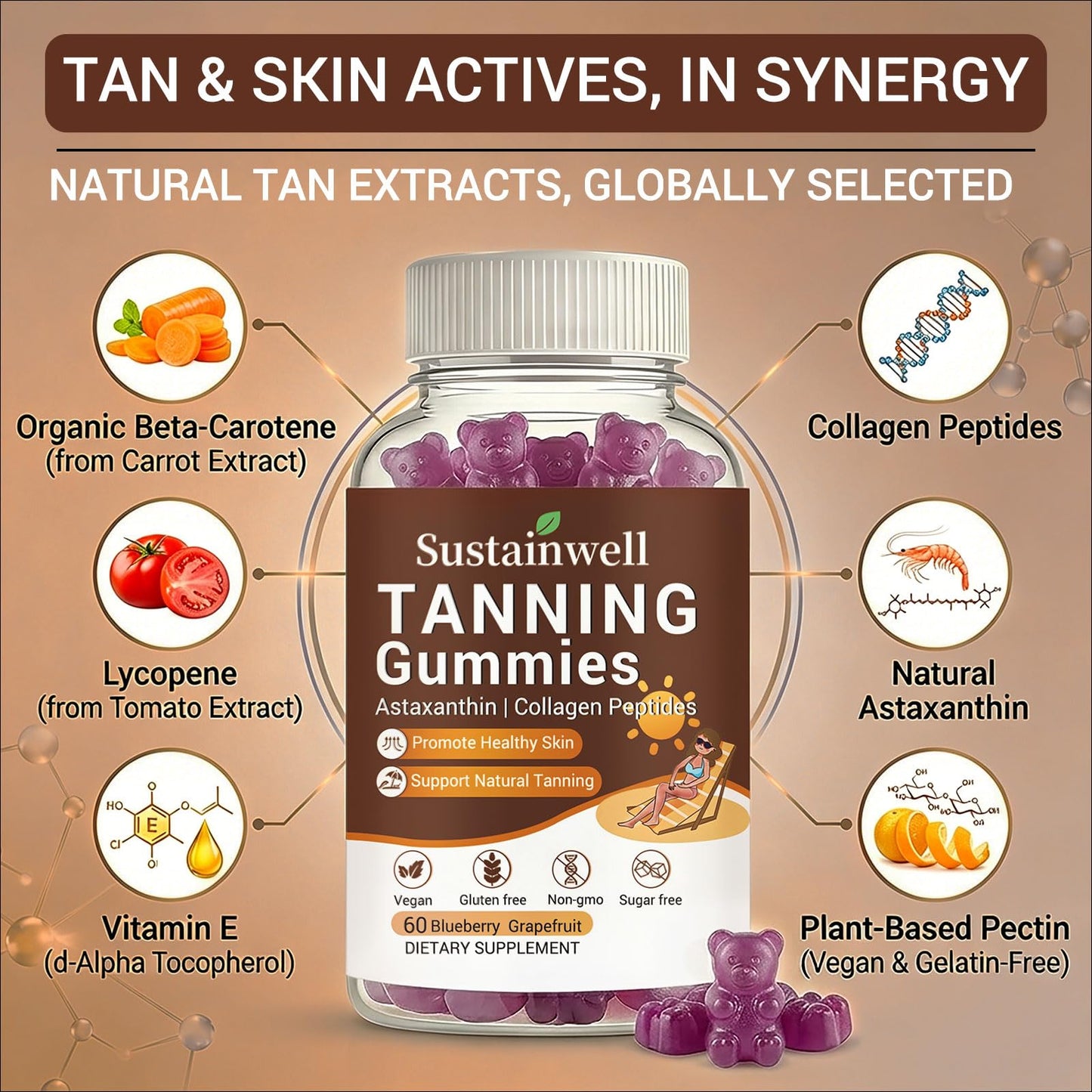 SustainWell Tanning Gummies with Astaxanthin & Collagen 60 Gummies