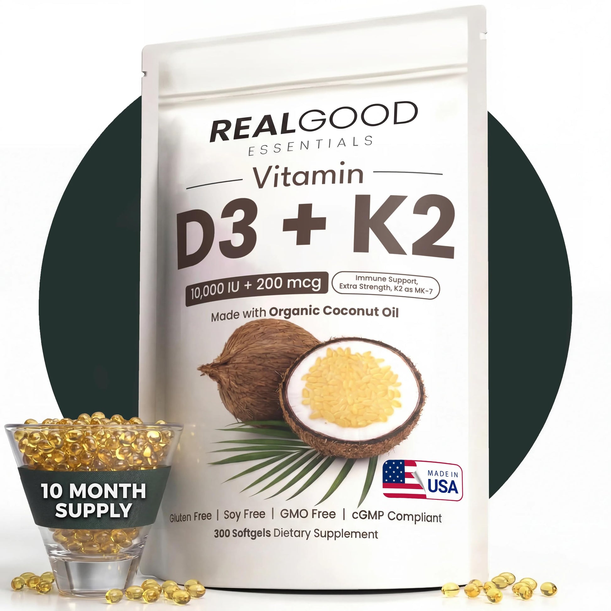REAL GOOD ESSENTIALS Vitamin D3 K2 Softgel Capsules, 300 Count