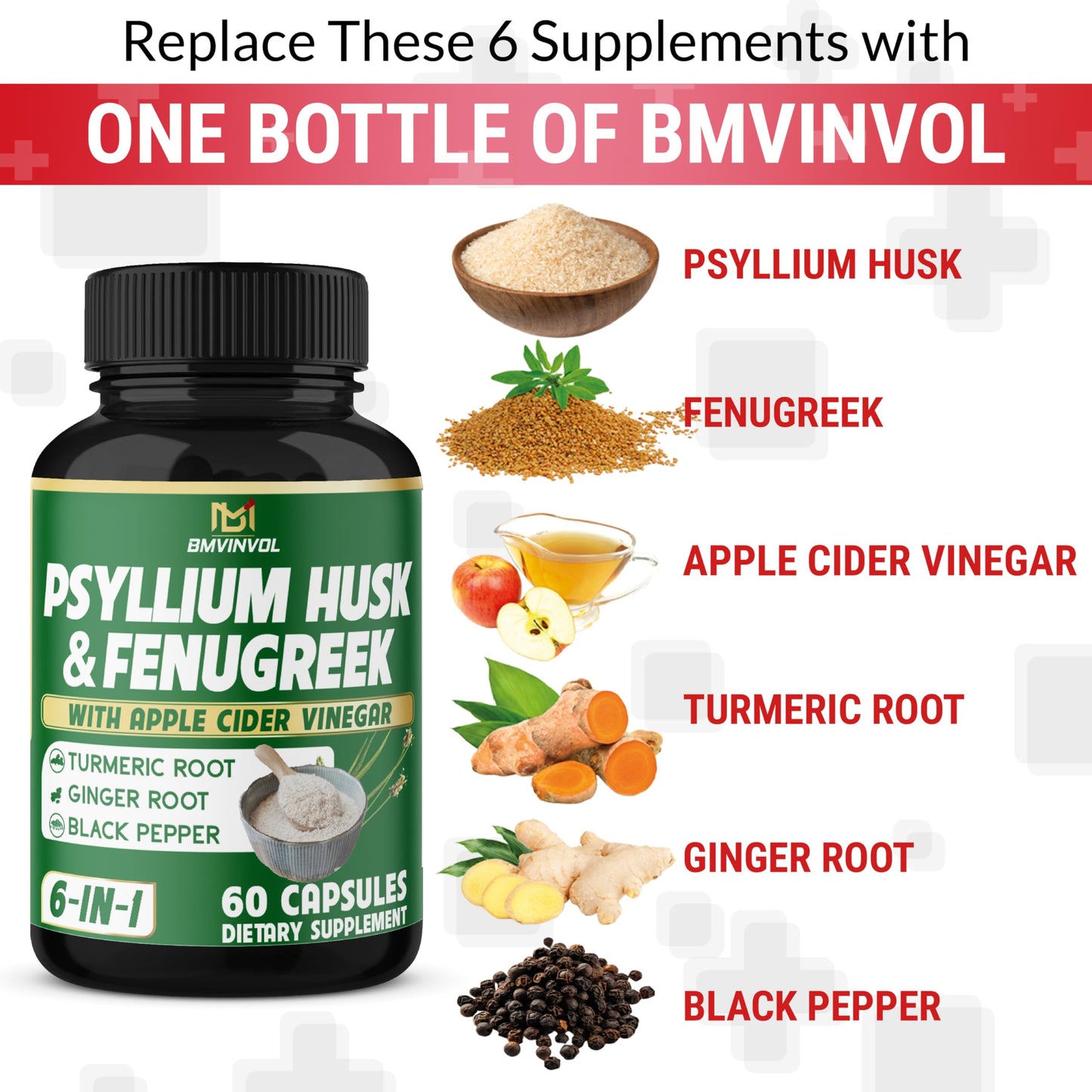 BMVINVOL 6in1 Psyllium Husk, Fenugreek, Apple Cider Vinegar, Turmeric, Ginger, Black Pepper Capsules, 60 Count