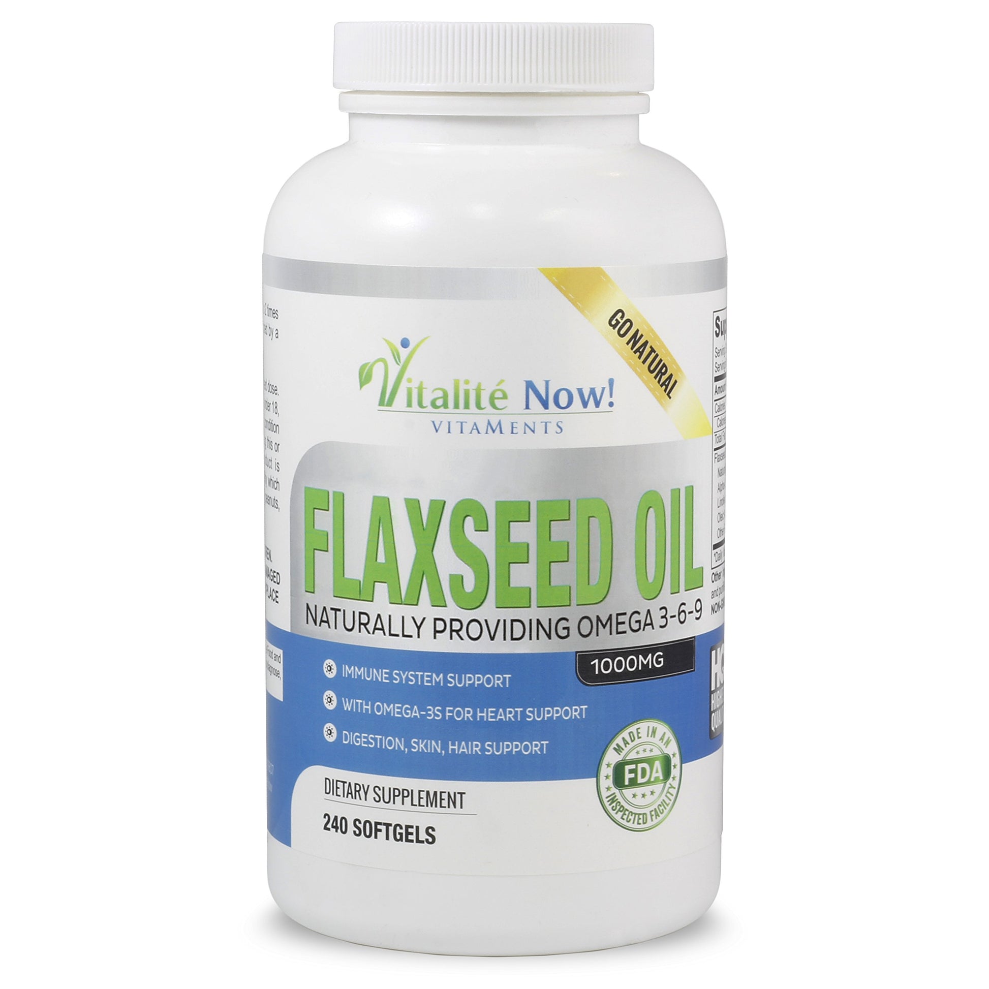 Vitalité Now! Organic Flaxseed Oil Softgels Cold Pressed 1000mg, 240 Softgels