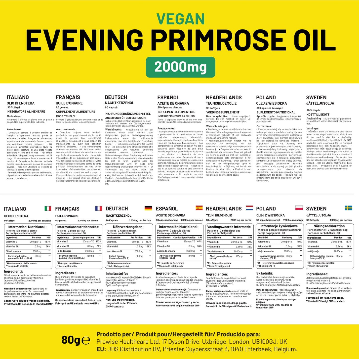 PH PROWISE Healthcare Vegan Evening Primrose Oil 2000mg with Vitamin E & B6 Softgels, 60 Count