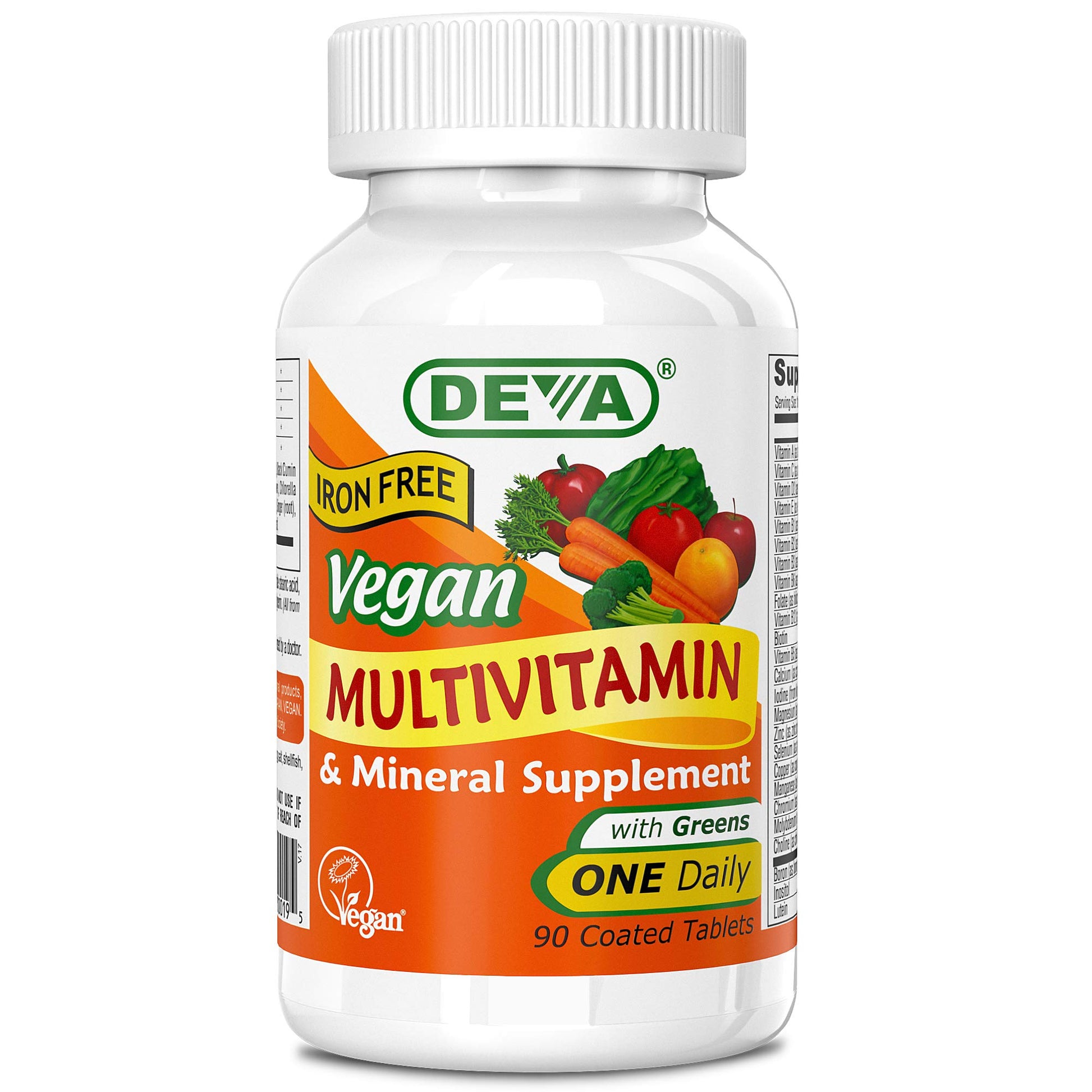 DEVA Vegan Multivitamin and Mineral Supplement One Daily Vitamin Formula with Greens Iron Free 90 Coated Tablets