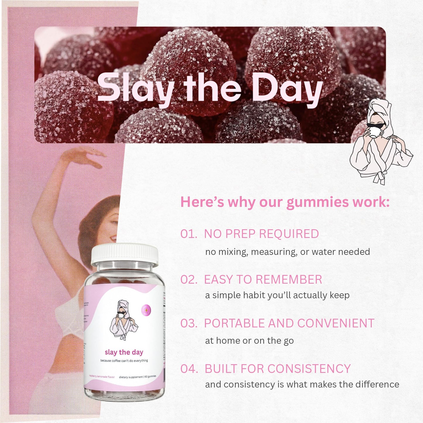 Balancing Act Slay The Day Energy Gummies – Caffeine Free Focus & Clean Energy Support – with Vitamin B12, CoQ10 & Cognizin Citicoline – Raspberry Lemonade, 60 Gummies