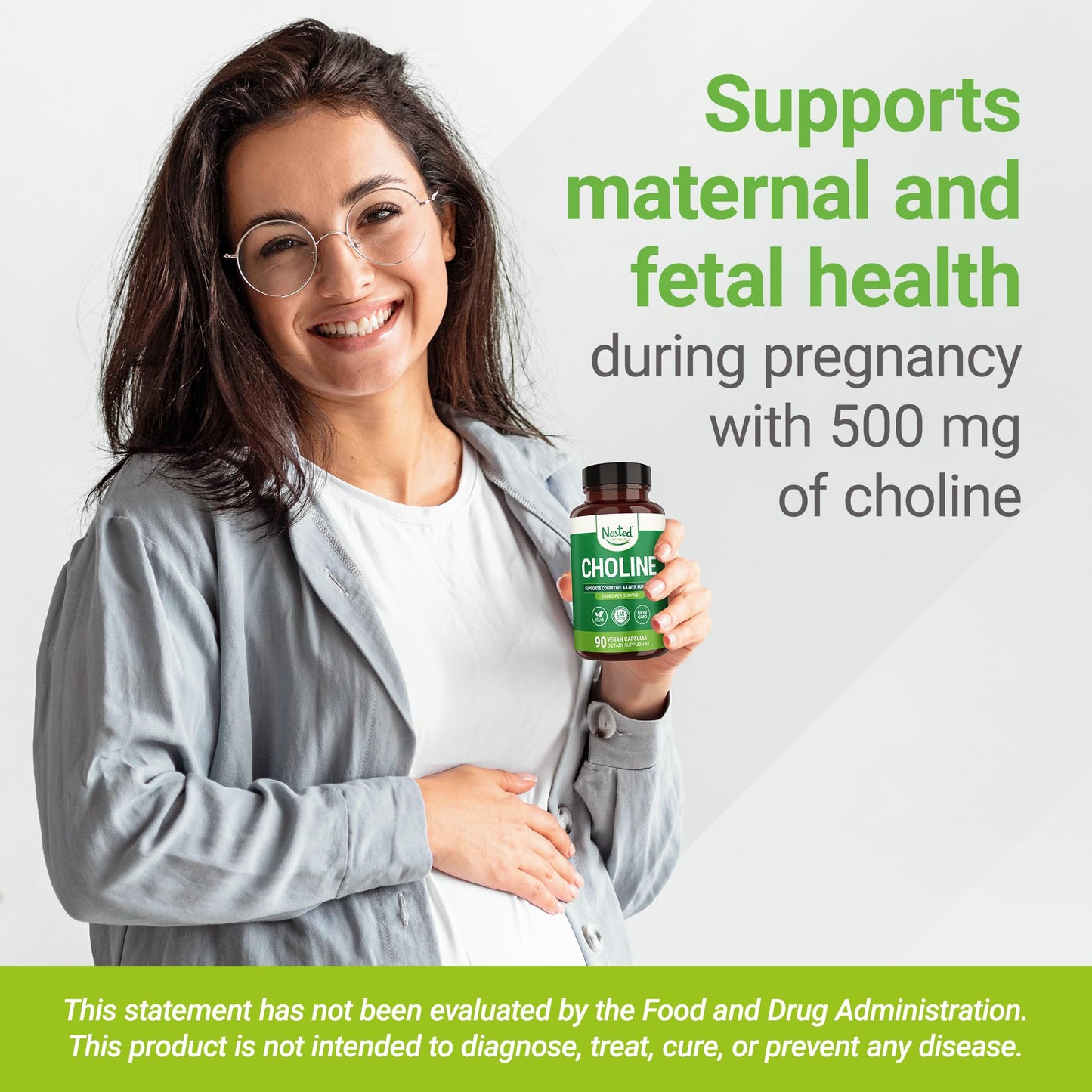 Nested Naturals Choline Bitartrate 500mg Per Serving - High Potency Choline Supplements - Prenatal Maternal & Fetal Health - 100% Vegan & Non-GMO - 180 Capsules