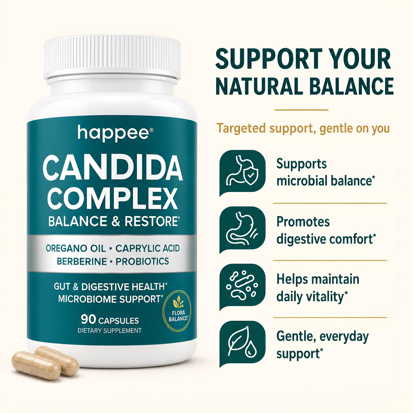 Happee Candida Cleanse Detox Supplement, Gut & Digestive Health 90 Capsules