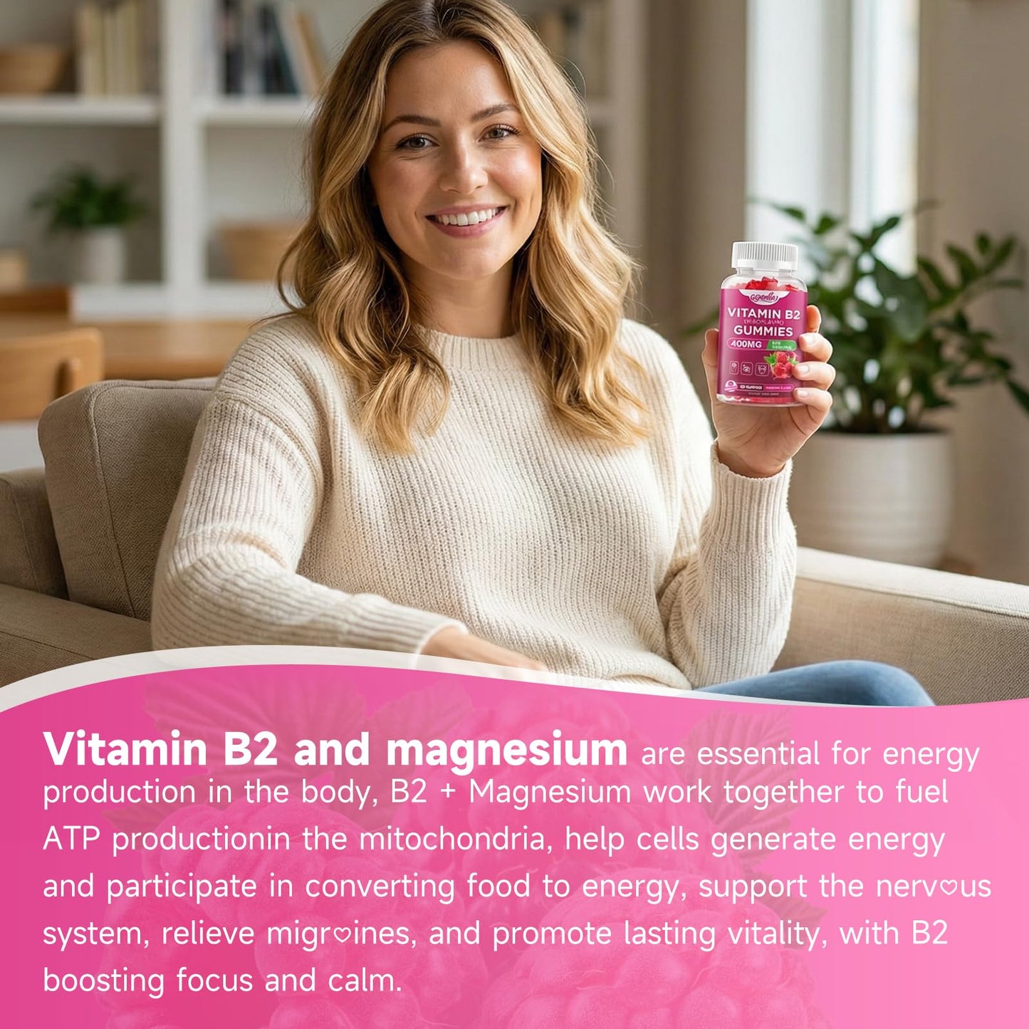 GGMMUU Vitamin B2 Gummies Riboflavin 400mg Supplement with Magnesium for Kids & Adults B2 Gummies for Nervous System Support & Skin Health, Sugar-Free Raspberry Flavor, 60 Count