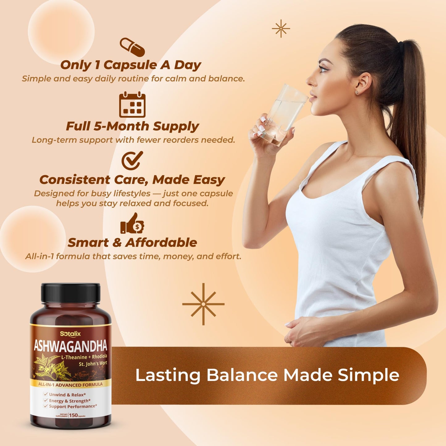 Sotalix Supplement Ashwagandha All-in-1 Advanced Formula with L-Theanine, Rhodiola, St. John's Wort Capsule, 150 Count