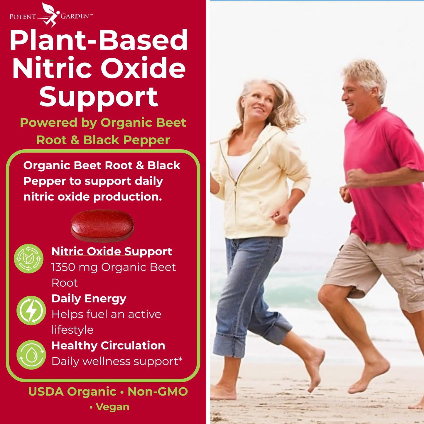 Potent Garden Organic Beet Root Tablets 1350 mg with Black Pepper, 120 Tablets
