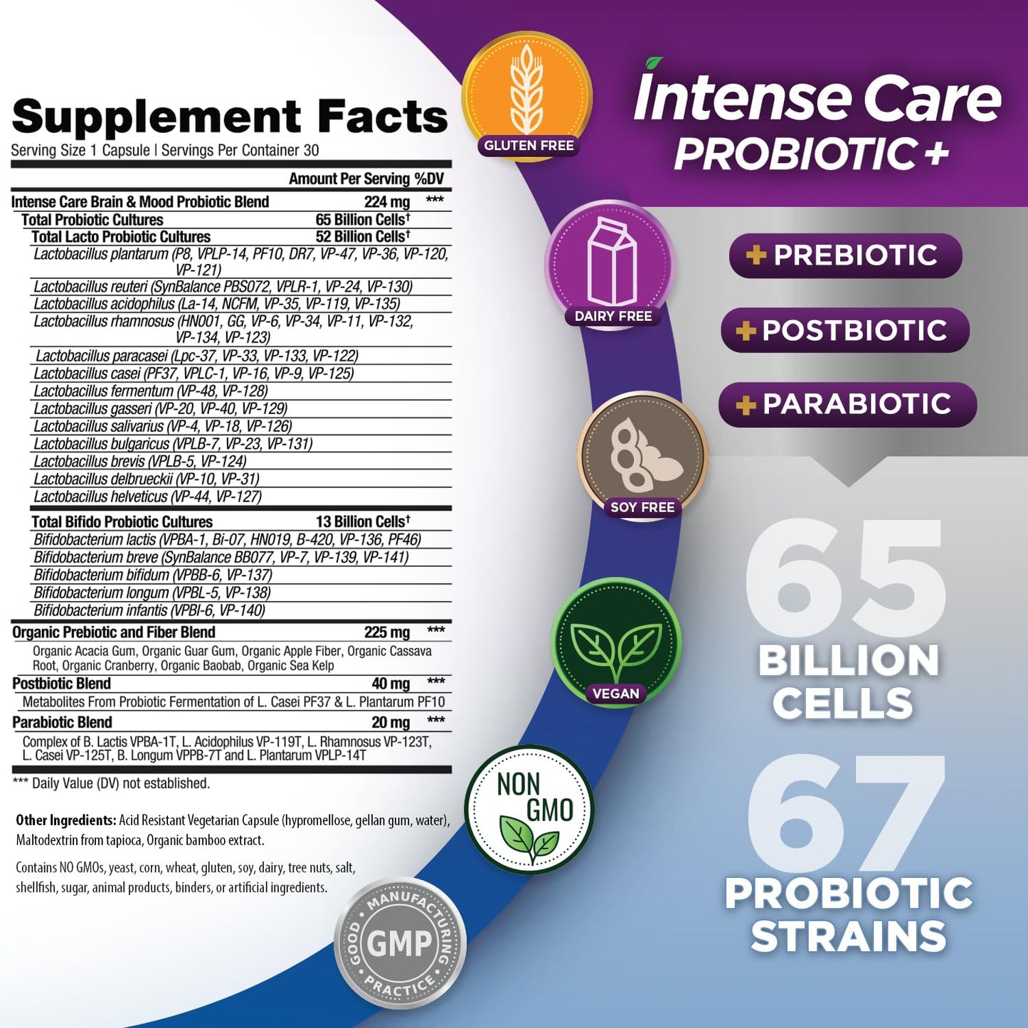 Vital Planet Intense Care Brain & Mood Probiotics, Prebiotics, Postbiotics, Parabiotics, Complete 4-in-1 Refrigerated Supplement for Adults, 65 Billion CFU, 67 Strains, Digestive and Immune Capsules, 30 Count