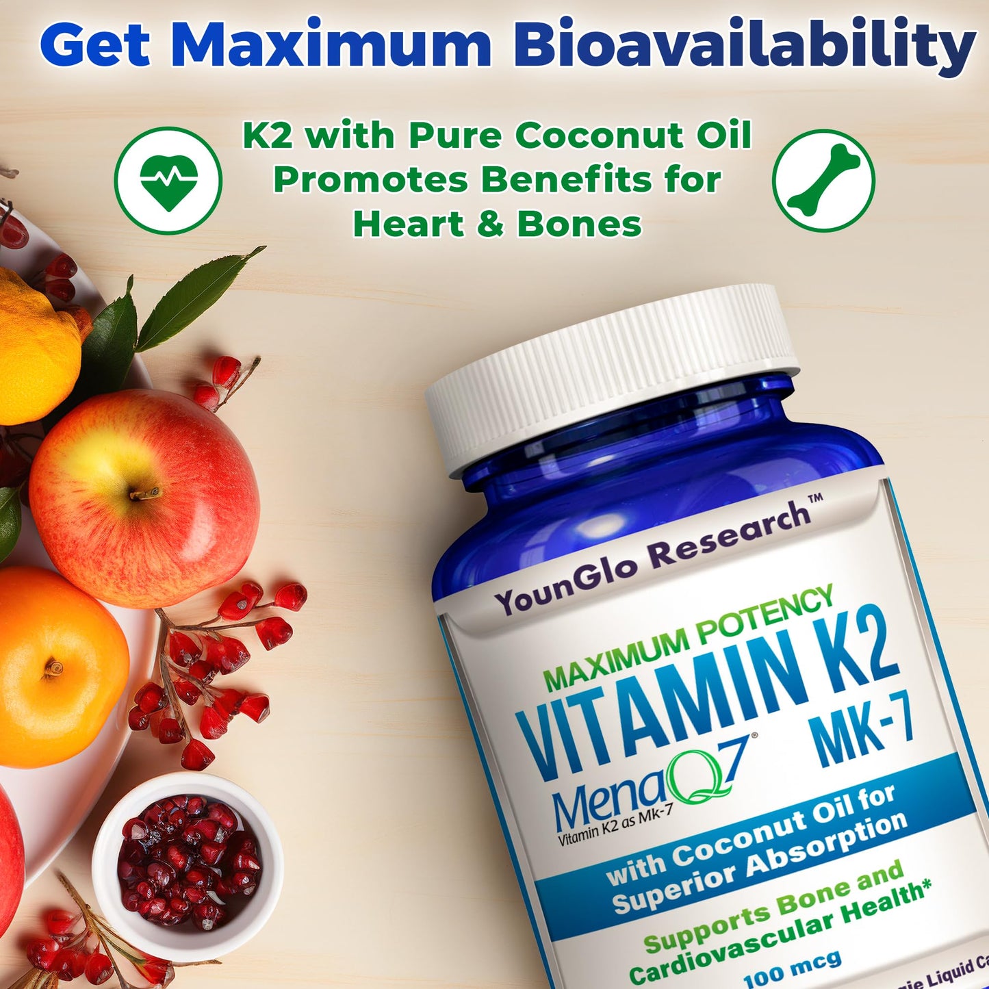 YounGlo Research Vitamin K2 MK7 (MenaQ7) 100 mcg w/Coconut Oil for Superior Absorption, Dietary Health Supplement, Capsules, 120