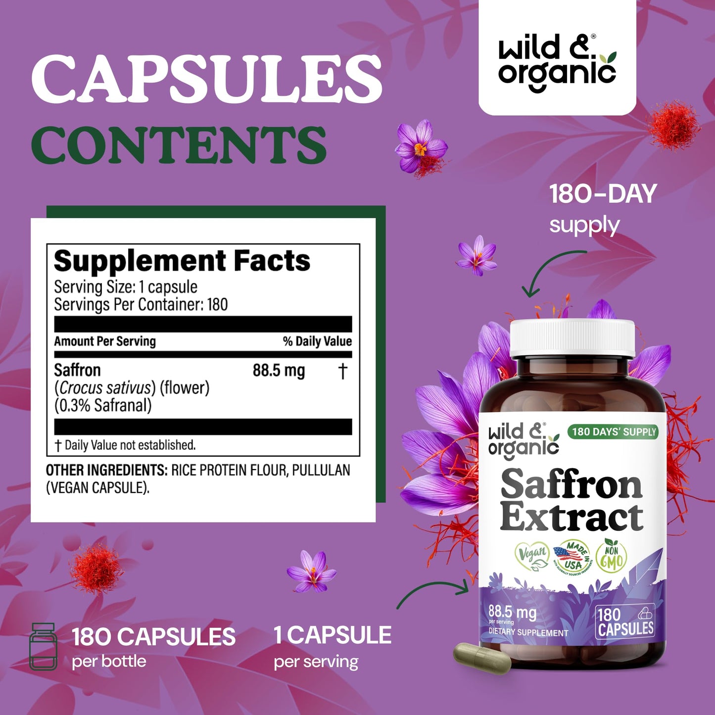 Wild & Organic Saffron Extract Capsules 180 Count