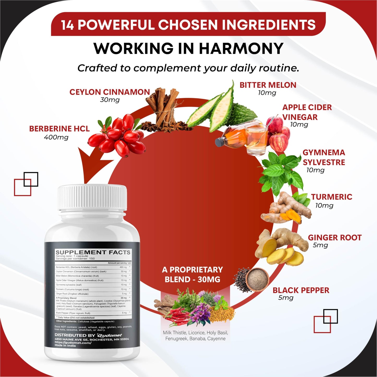 GUDOMET Berberine Ceylon Cinnamon All-in-1 Supplement with Bitter Melon AVG Gymnema sylvestre Turmeric Milk Thistle Licorice Holy Basil Fenugreek Banaba Capsules 150