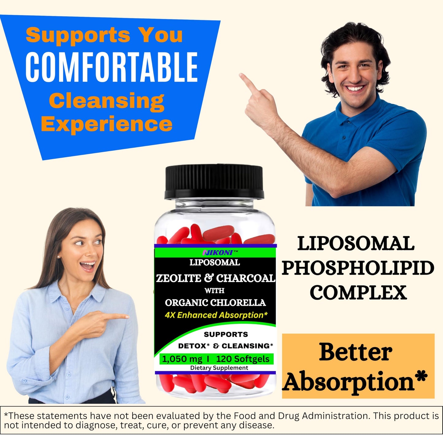 Nikoni Liposomal Zeolite, Activated Charcoal & Organic Chlorella Detox Capsules, 480 Capsules