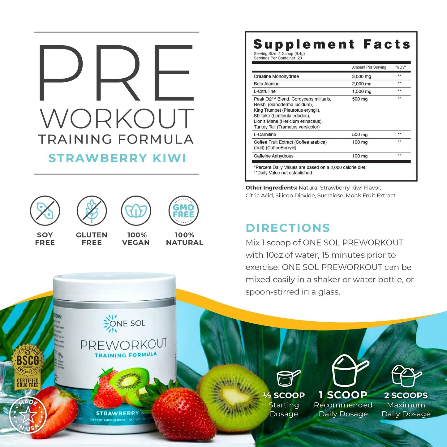 One Sol Pre-Workout for Women Powder, Enhanced Pump & Focus, 6.63 oz Strawberry Kiwi