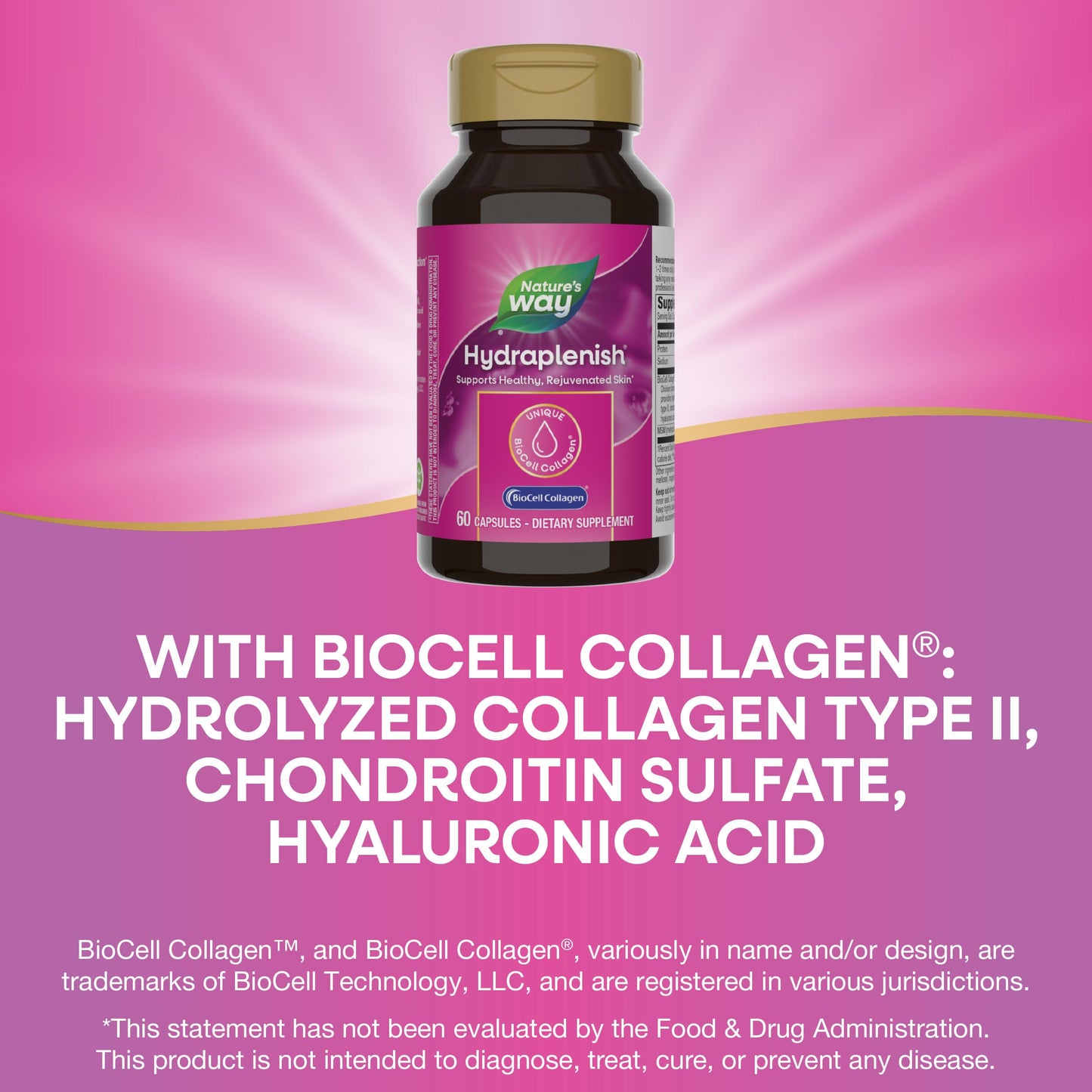 Nature's Way Hydraplenish Unique BioCell Collagen with Hyaluronic Acid, MSM, Supports Healthy Hair, Skin and Nails Capsules, 60 Count