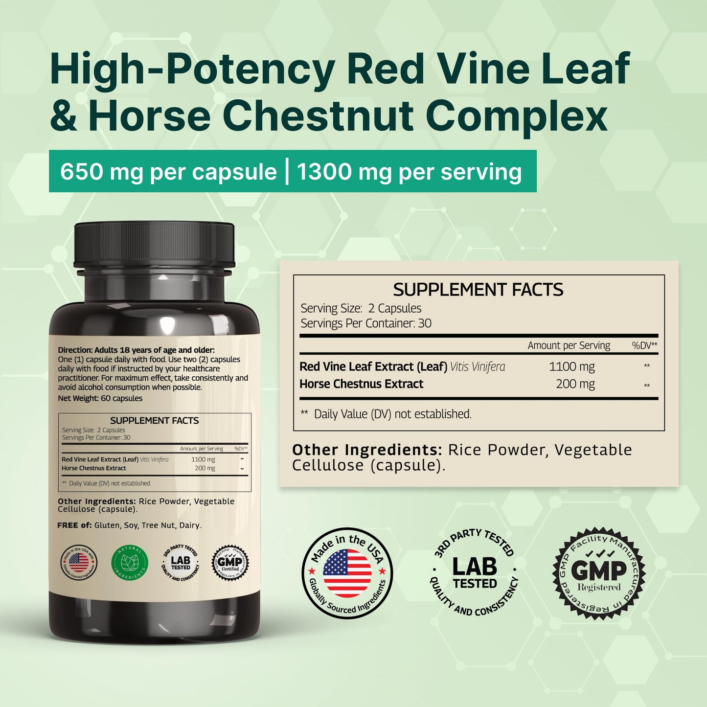 VINATURA Red Vine Leaf Extract - Horse Chestnut, 1300mg/serving, Circulation and Vein Support for Healthy Legs, 60 Capsules