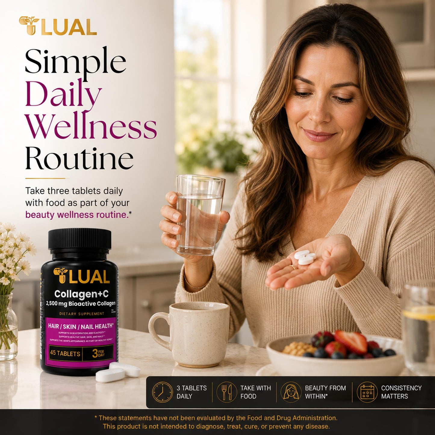 LUAL Collagen + Vitamin C Tablets, 45 Count