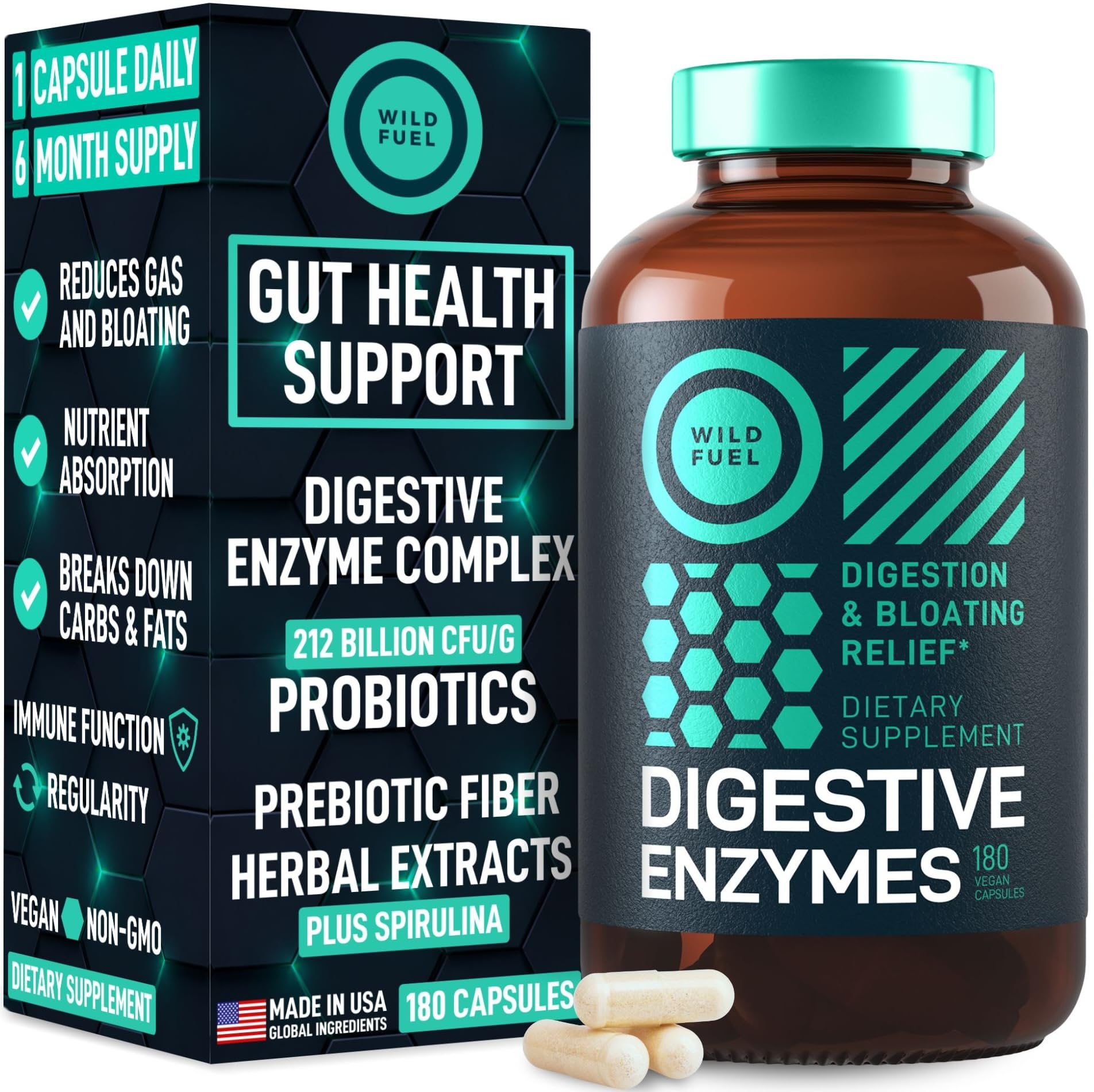 WILD FUEL Complete Digestive Enzymes for Women & Men - 800mg Vegan Digestive Enzymes with Probiotics & Prebiotics - Bloating Support, Gut Health & Digestion, 180 Capsules