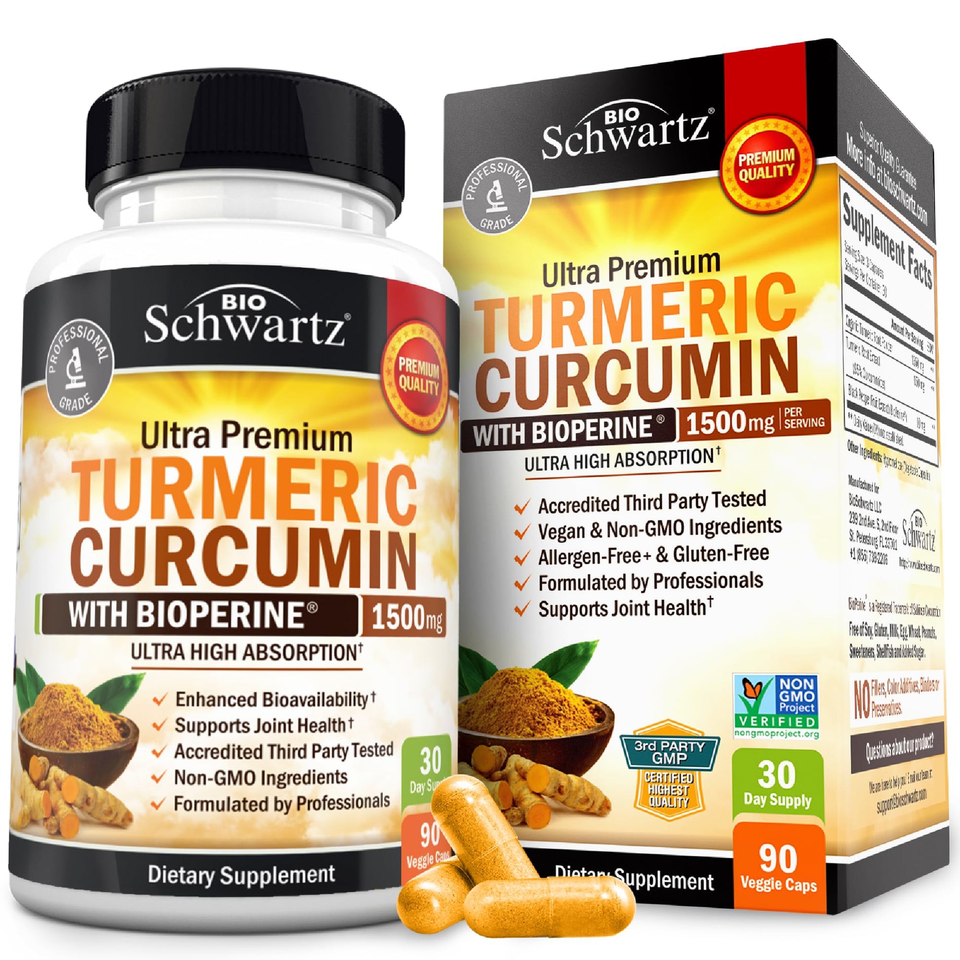 BioSchwartz Turmeric Curcumin with Black Pepper Extract 1500mg Capsules, 90 Count