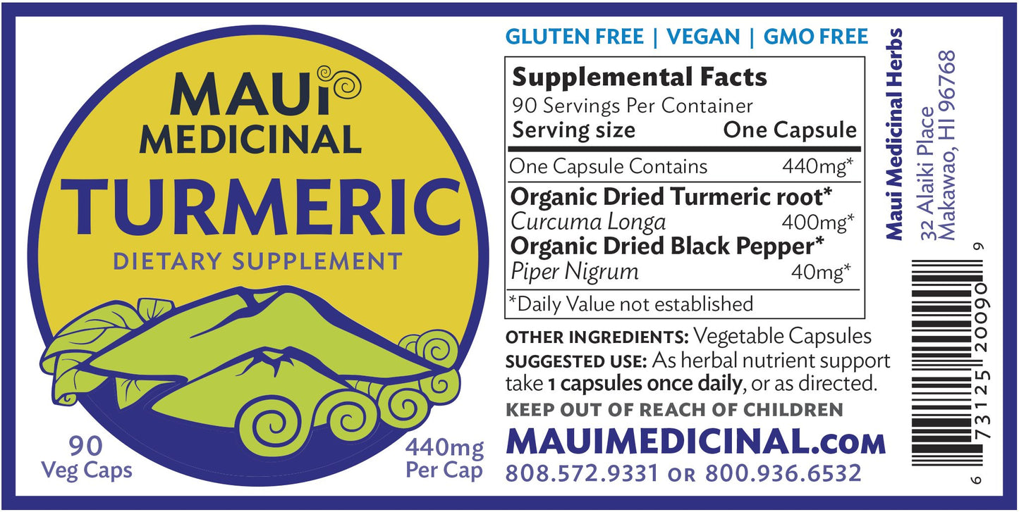 Maui Medicinal Herbs Organic Turmeric & Black Pepper 90 Veggie Capsules