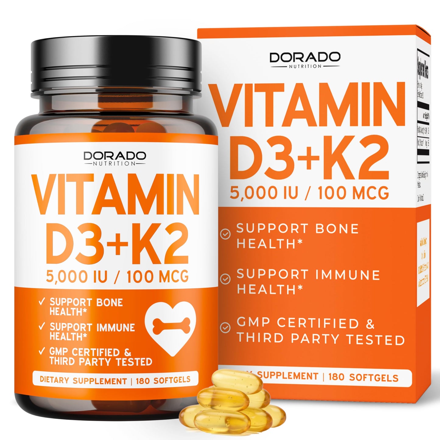 DORADO NUTRITION Vitamin D3 K2 Supplement Softgels 180 Count